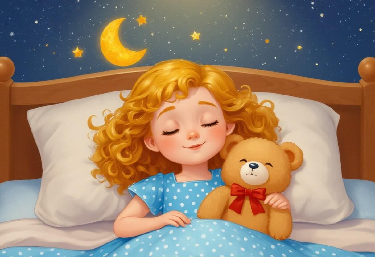 A young girl peacefully sleeping with her teddy bear under a starry night sky